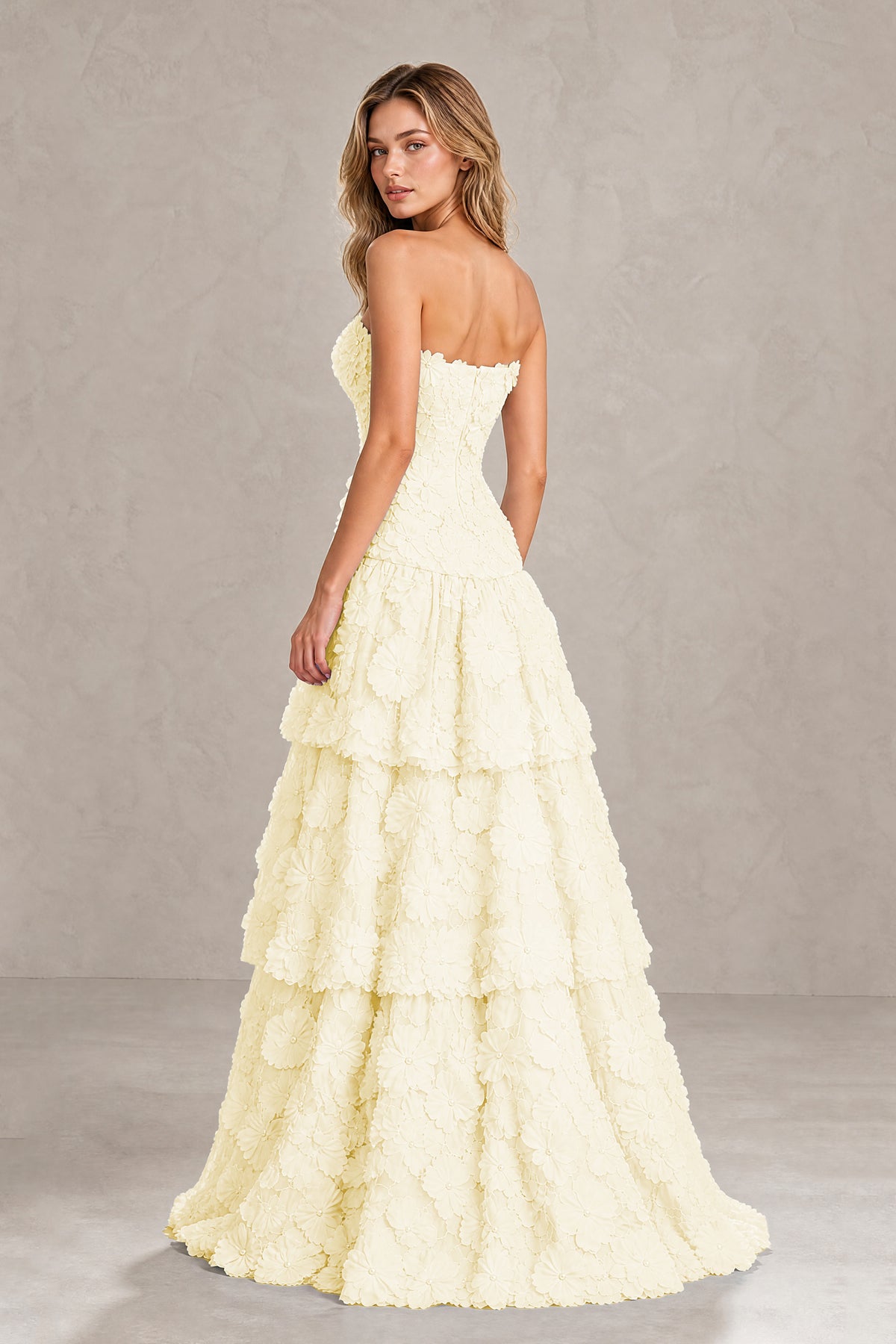 BOLODOO Champagne Strapless 3D Floral Tiered Evening Gown - Champagne