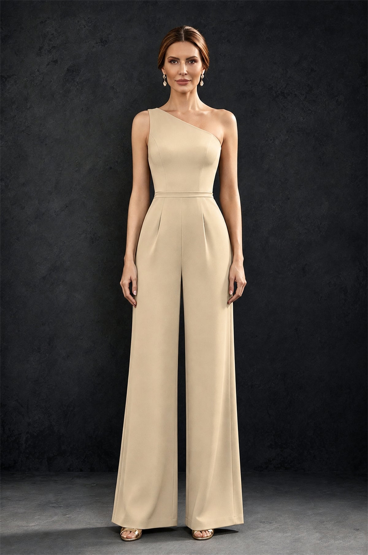 BOLODOO Champagne 2-Piece Set: Off-Shoulder 3D Floral Cape Gown & One-Shoulder Wide-Leg Jumpsuit | BD0373 - Champagne