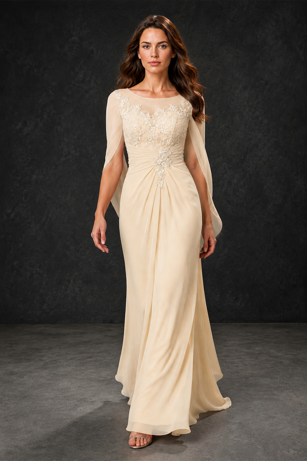 BOLODOO Champagne Illusion Lace One-Side Cape Sleeve Beaded Chiffon Floor Length Gown | Mother of the Bride Evening Dress - Champagne