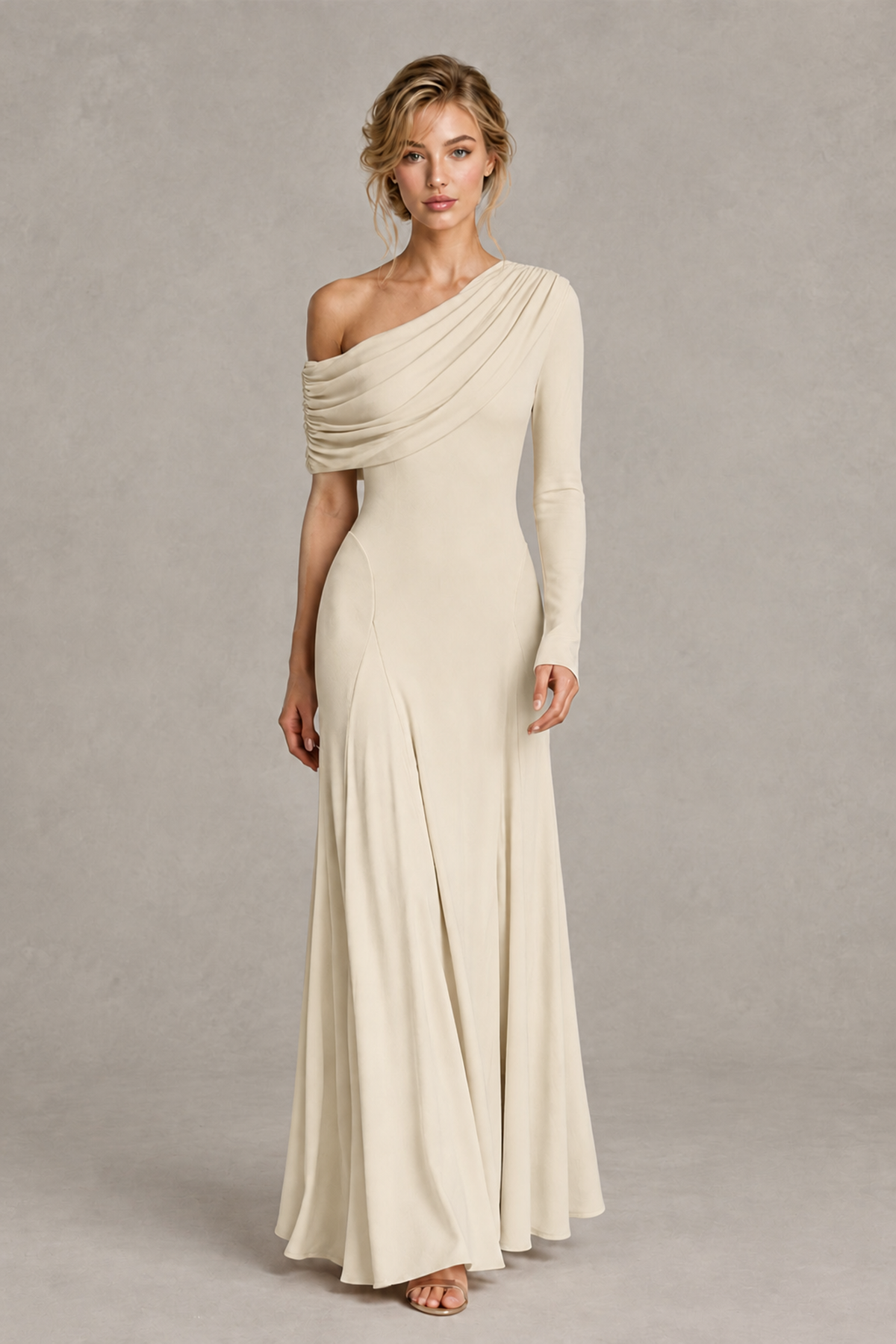BOLODOO Champagne Asymmetric Draped Long Sleeve Evening Gown - Champagne
