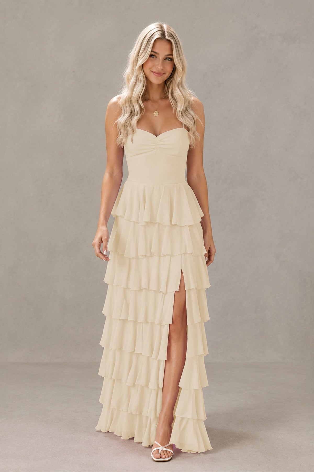 BOLODOO Champagne Strapless Tiered Ruffle Maxi Dress with Slit & Lace-Up Back - Champagne