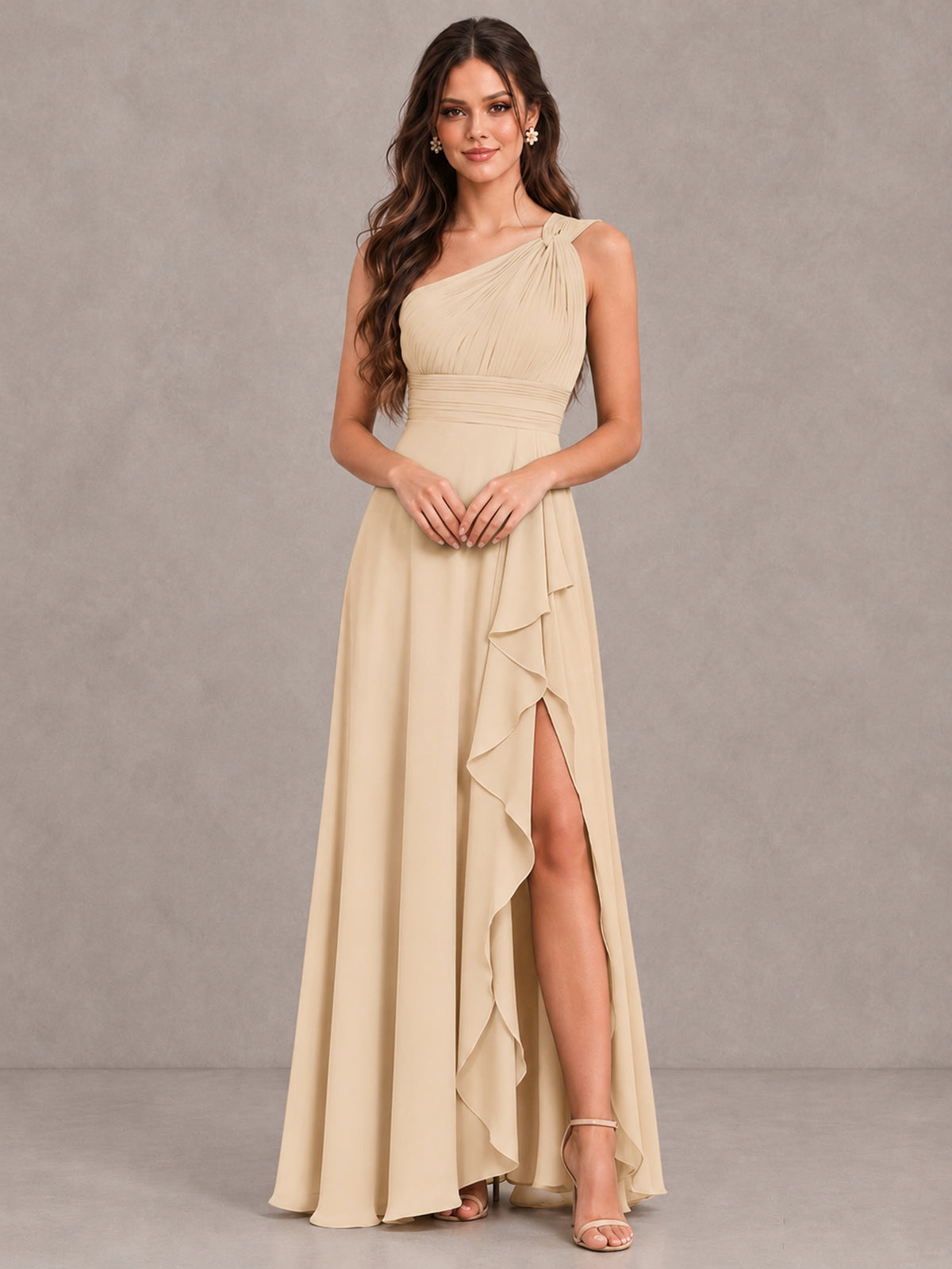 BOLODOO Champagne One-Shoulder Ruffle Bridesmaid Dress with Slit - Champagne - Champagne (4)