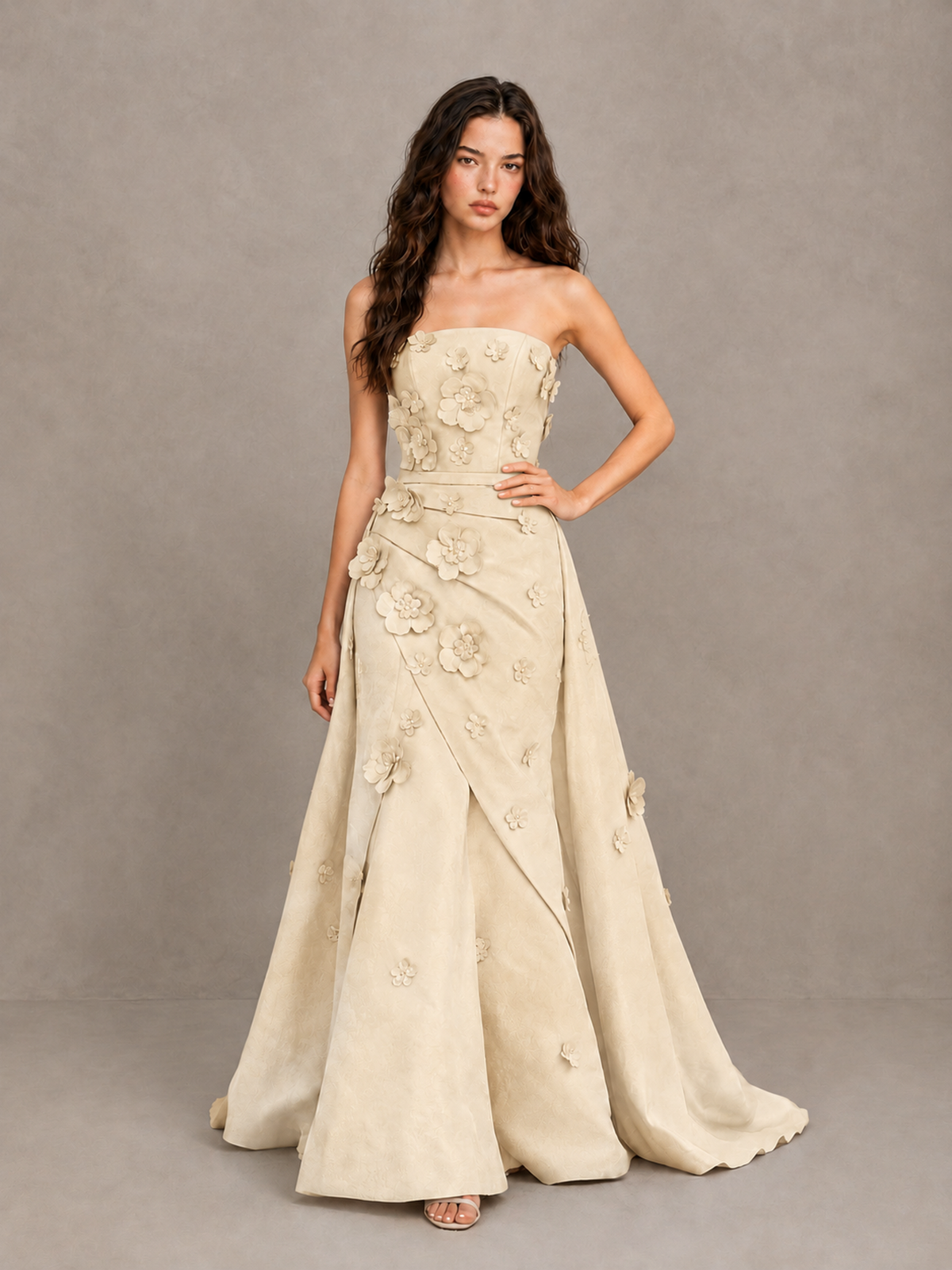 BOLODOO Champagne Strapless 3D Floral Applique Prom Gown with Draped Skirt - Champagne - Champagne (4)