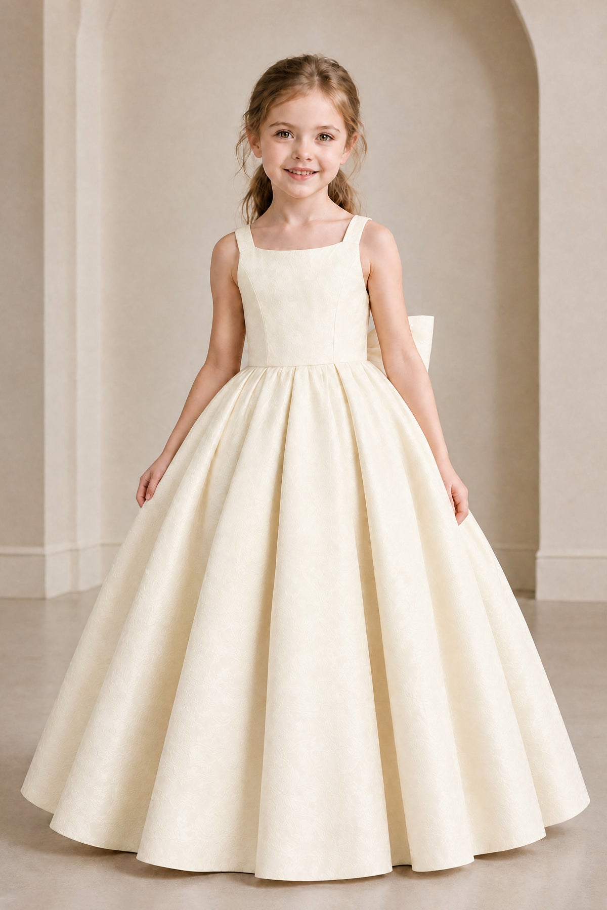 BOLODOO Champagne Girls' A-Line Flower Girl Dress with Back Bow - Champagne