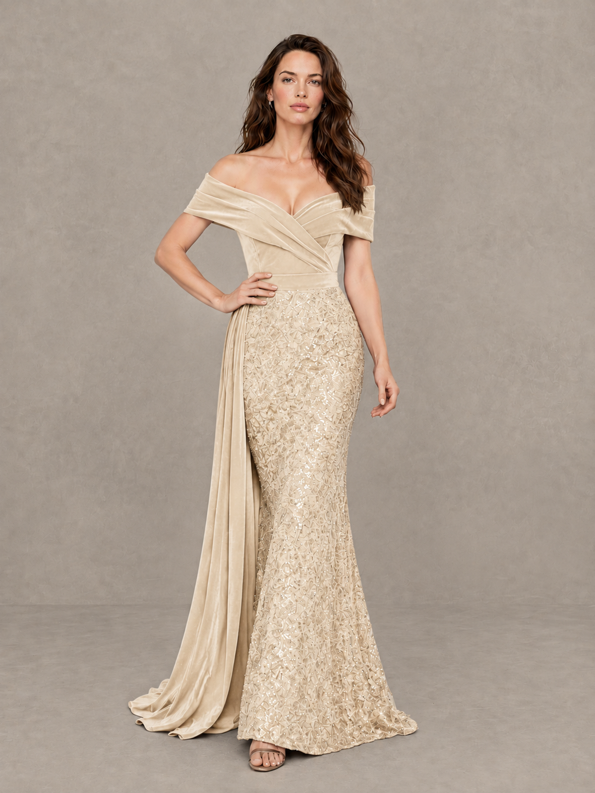BOLODOO Champagne Off-Shoulder Velvet & Sequin Evening Gown with Side Train - Champagne - Champagne (4)