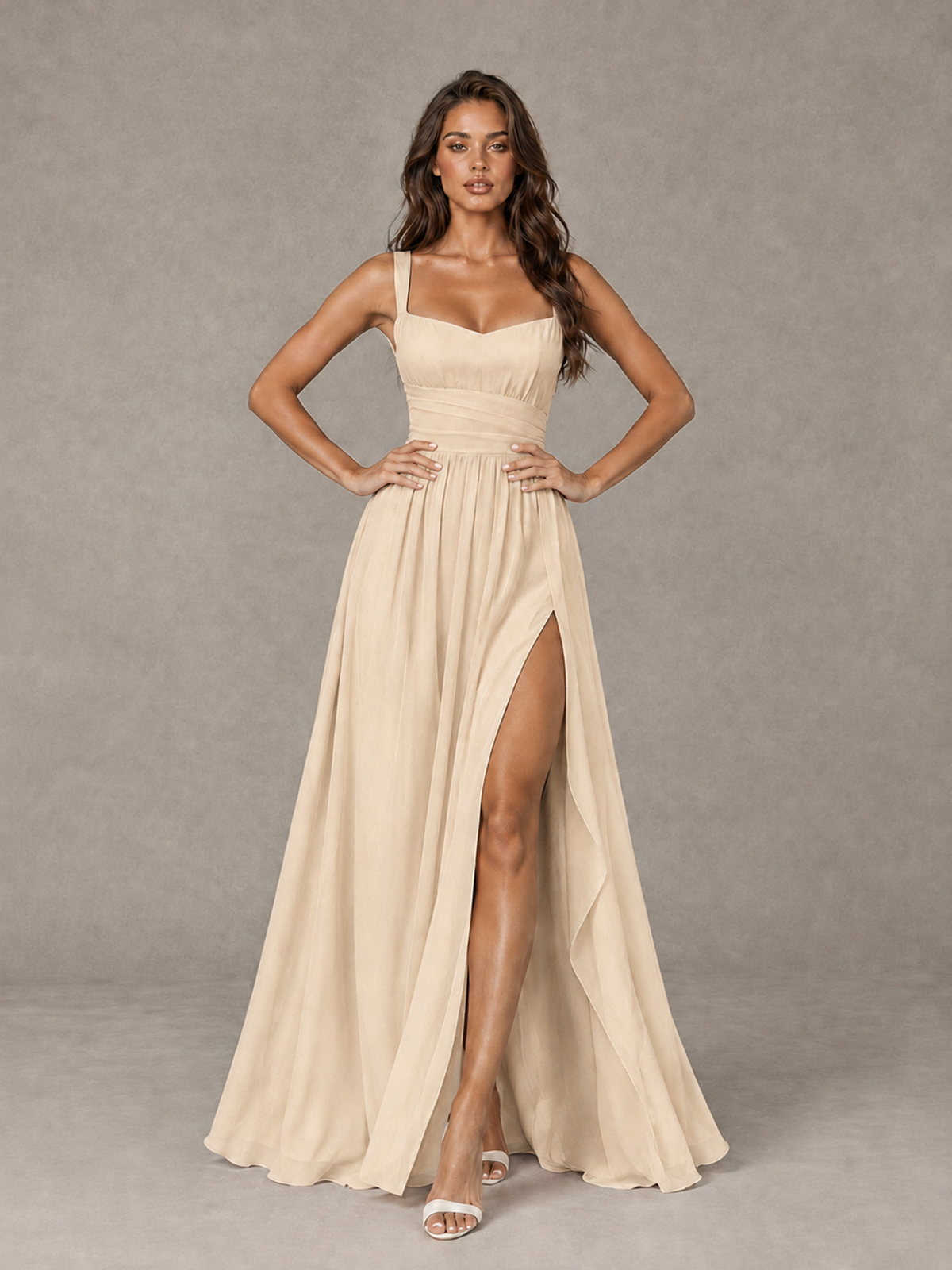 BOLODOO Champagne A-Line Bridesmaid Dress with High Slit & Lace-Up Back - Champagne - Champagne (4)