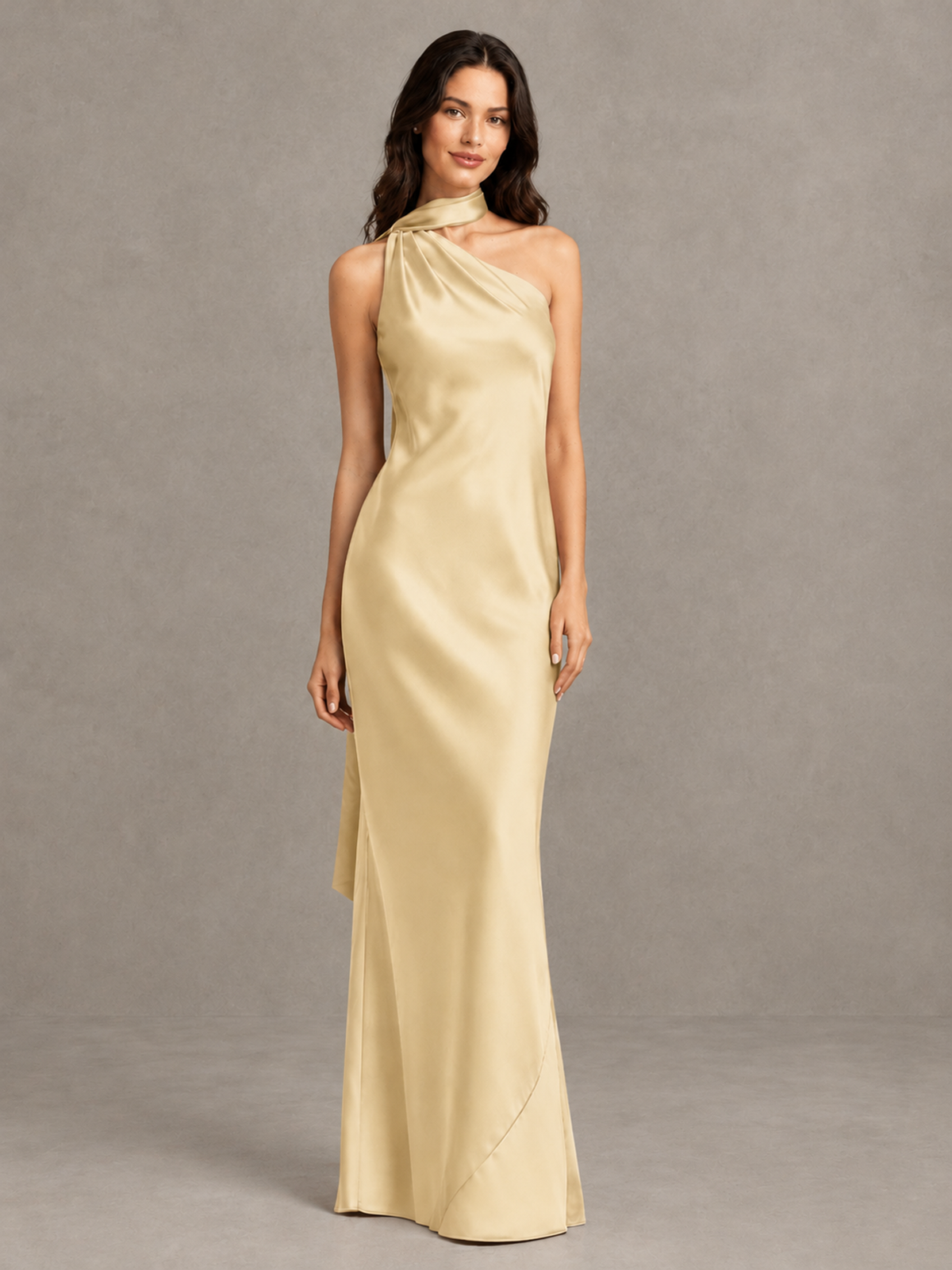 BOLODOO Champagne Satin One-Shoulder Bridesmaid Dress with Open Back - Champagne - Champagne (4)