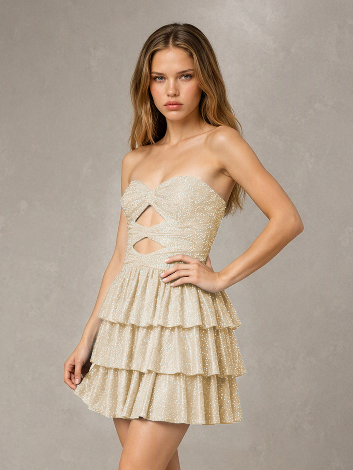 BOLODOO Champagne Strapless Sweetheart Cutout Glitter Tiered Ruffle Mini Dress | Lace-Up Back Corset - Champagne