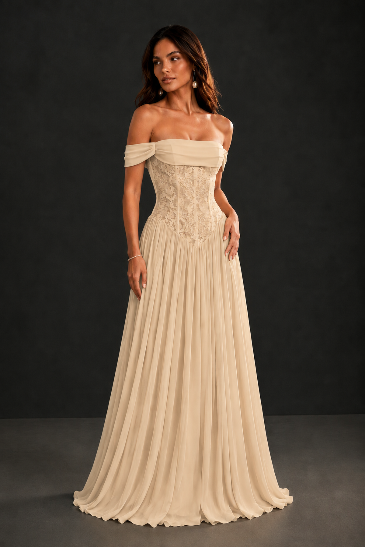 BOLODOO Champagne Off-Shoulder Lace Corset Tulle Maxi Dress - Champagne