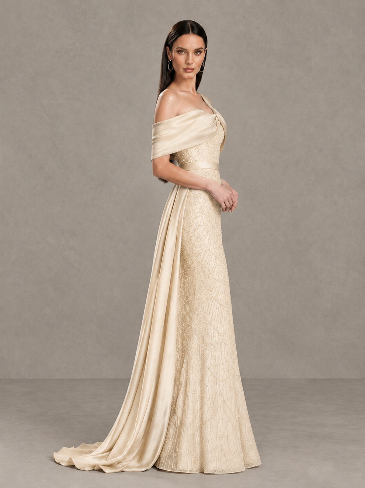 BOLODOO Champagne Asymmetric Draped Mermaid Evening Gown with Train - Champagne - Champagne (4)