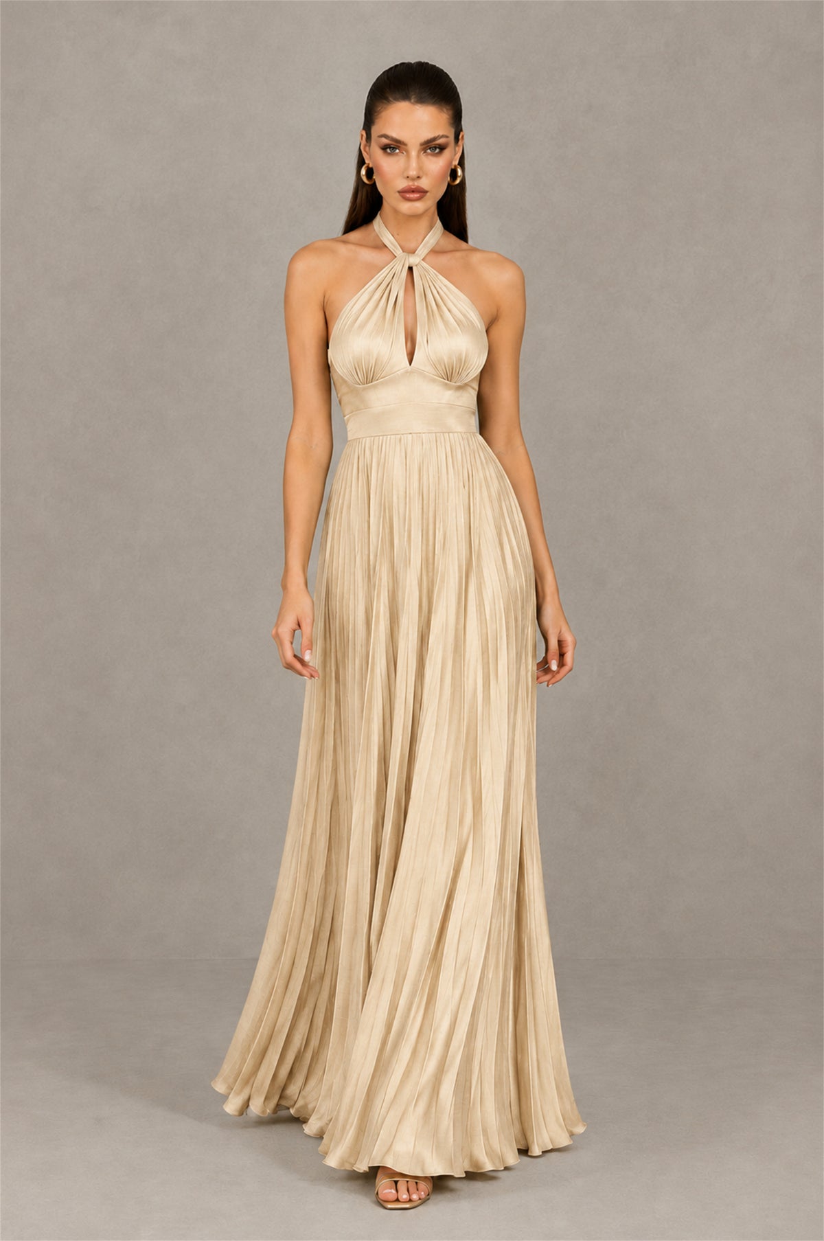 BOLODOO Champagne Halter Pleated A-Line Evening Dress - Champagne