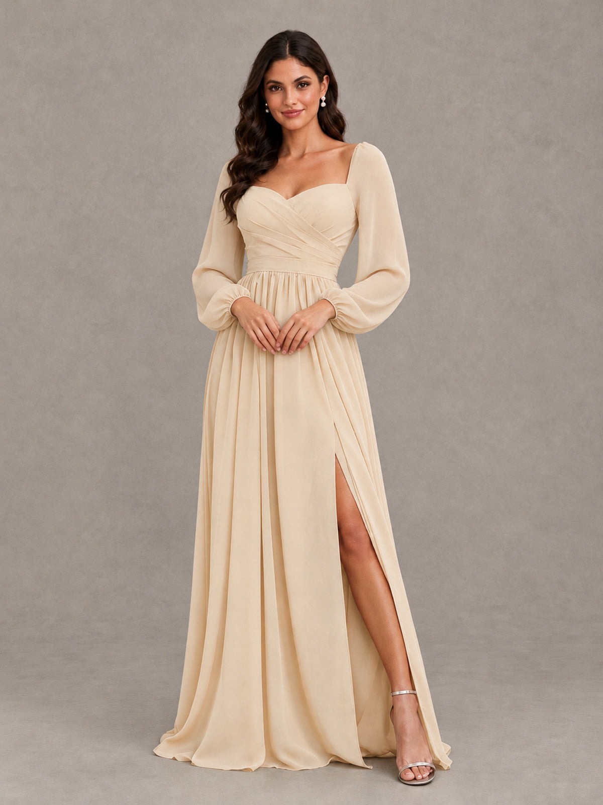 BOLODOO Champagne Long Sleeve Chiffon Bridesmaid Dress with Slit - Champagne - Champagne (4)