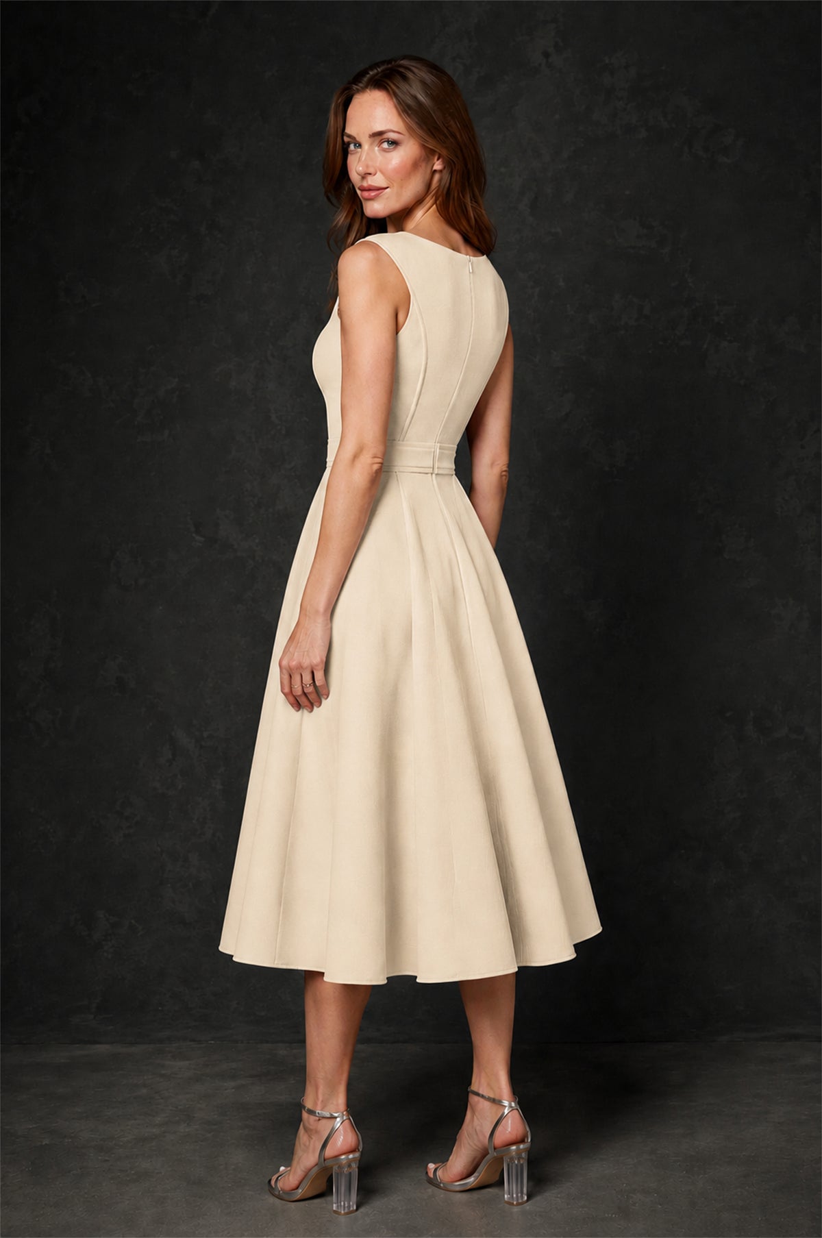 BOLODOO Champagne 3D Rosette Appliqué 3/4 Sleeve Jacket & V-Notch Sleeveless A-Line Tea-Length Two-Piece Dress Set - Champagne