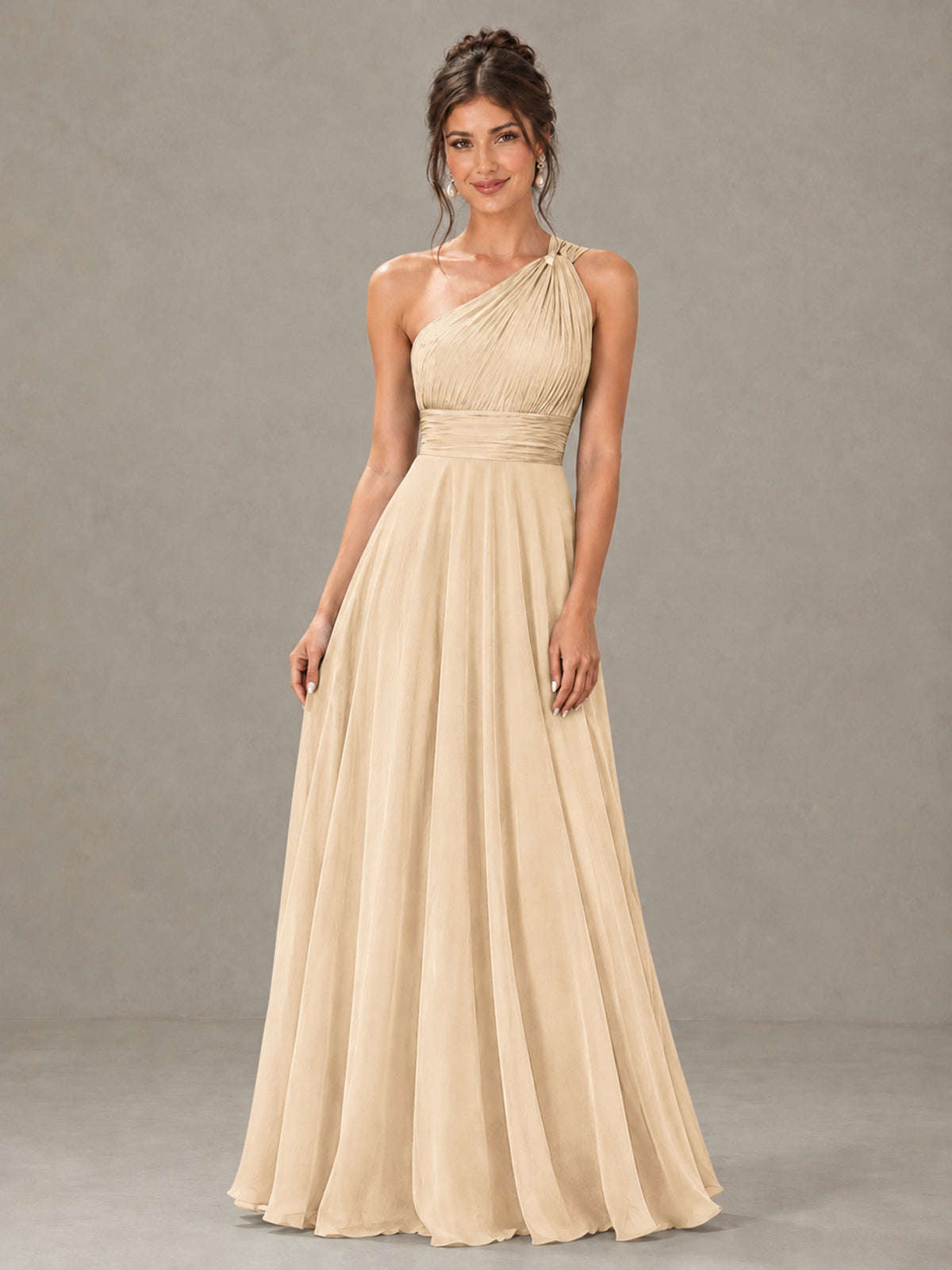 BOLODOO Champagne One-Shoulder Chiffon-Look Bridesmaid Dress - Champagne - Champagne (4)