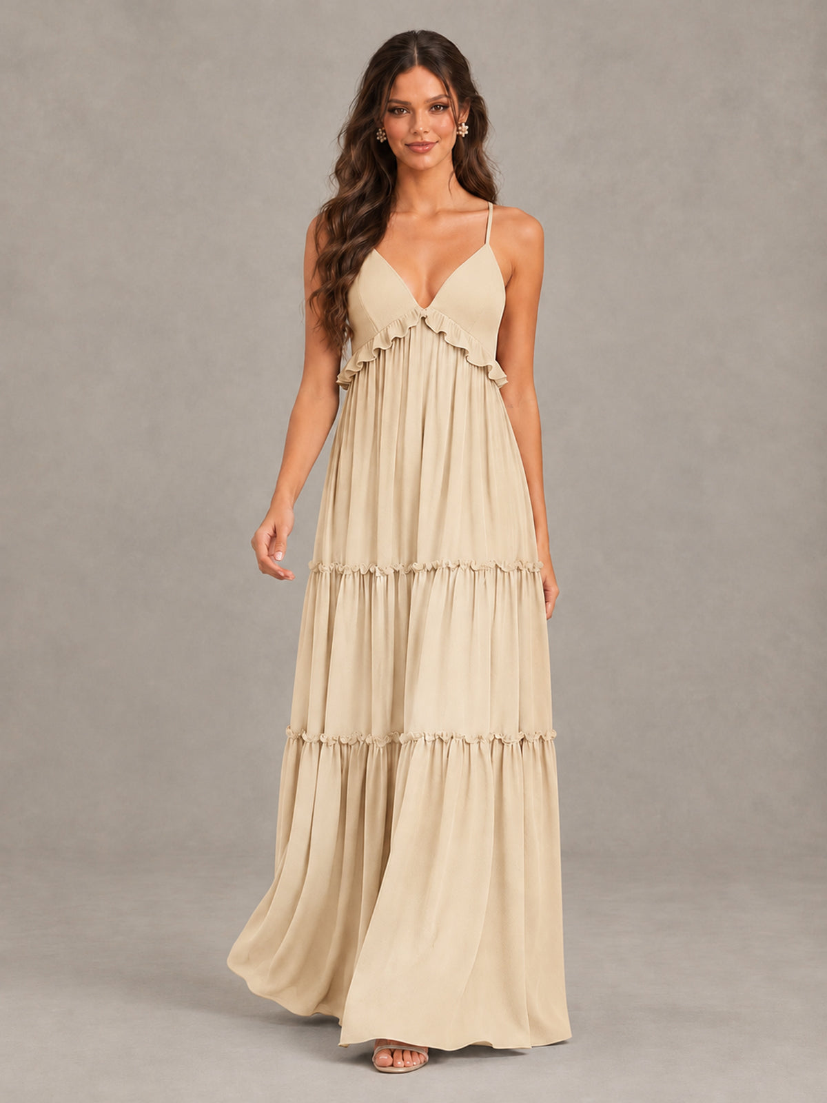 BOLODOO Champagne Tiered V-Neck Lace-Up Back Bridesmaid Dress - Champagne - Champagne (4)
