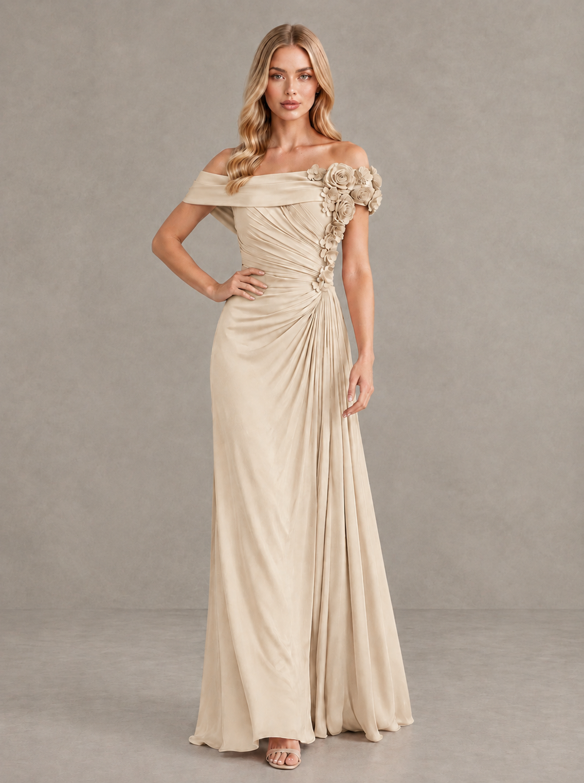 BOLODOO Champagne Off-Shoulder Floral Applique Wedding Guest Maxi Dress - Champagne - Champagne (4)