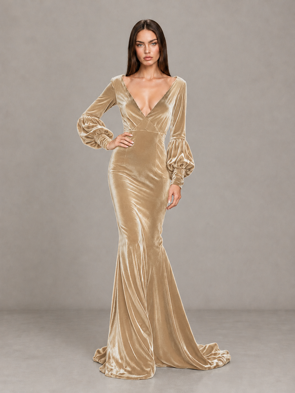 BOLODOO Champagne Velvet V-Neck Long Sleeve Open Back Mermaid Evening Gown - Champagne - Champagne (4)