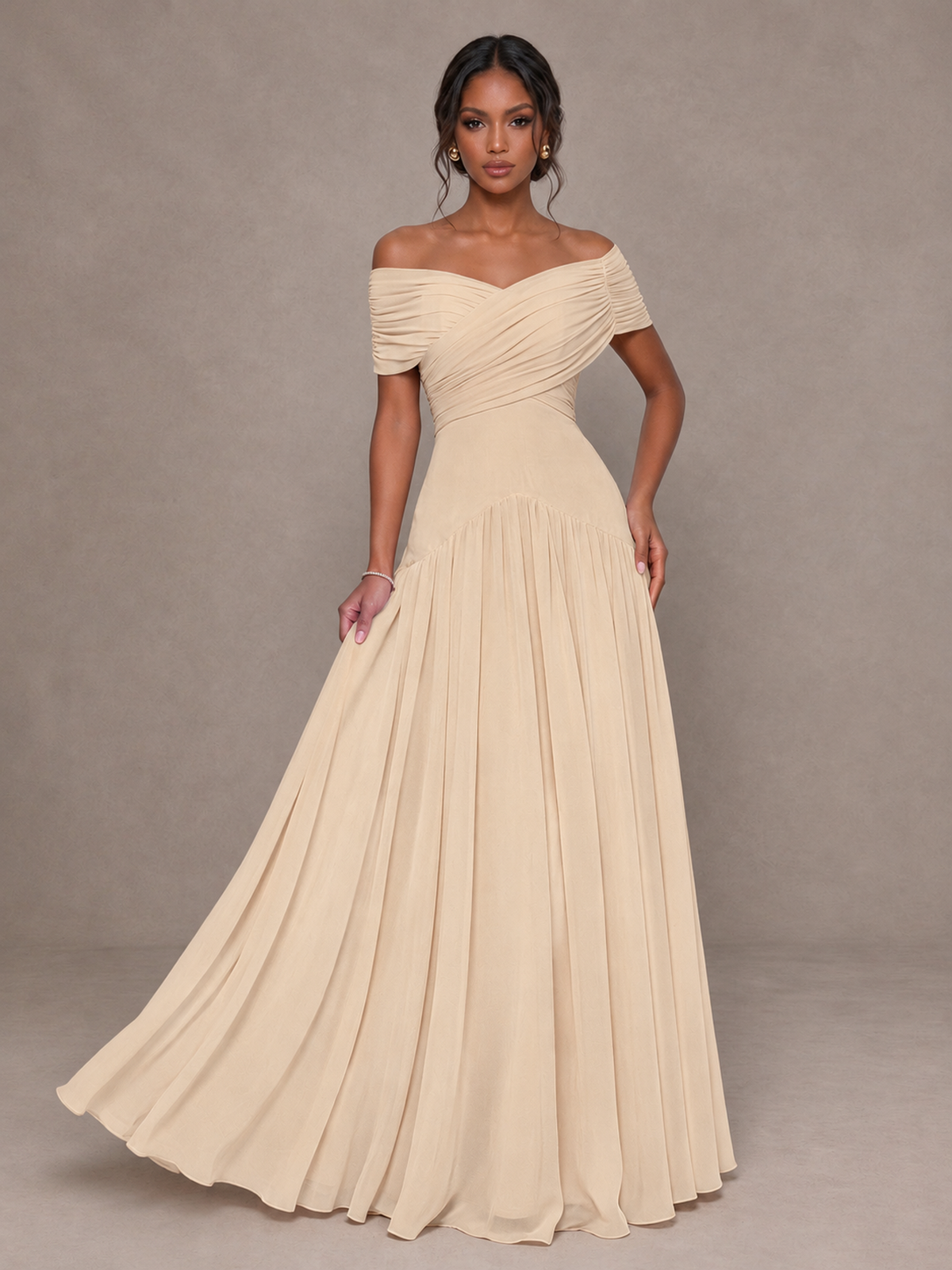 BOLODOO Champagne Off-Shoulder Ruched A-Line Bridesmaid Dress - Champagne - Champagne (4)