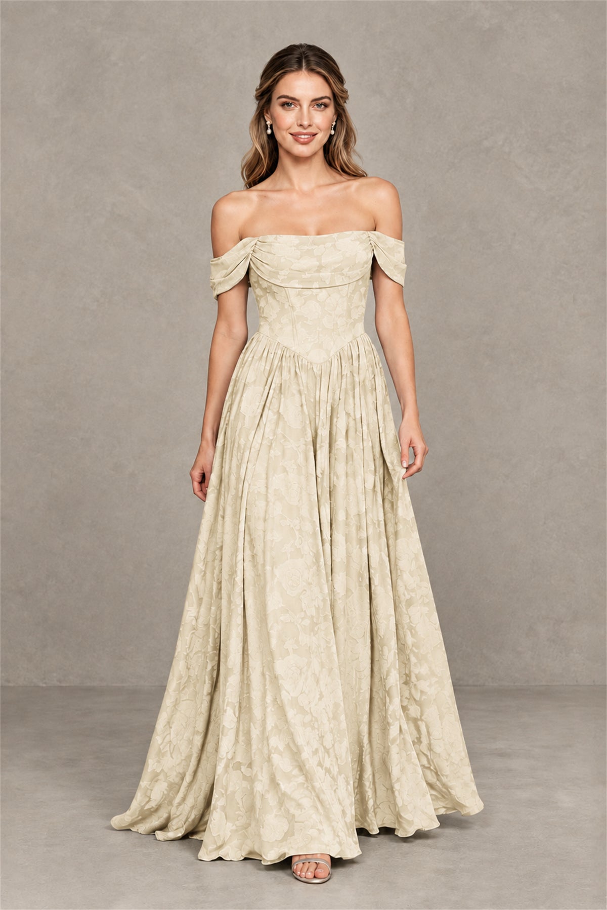 BOLODOO Champagne Off-Shoulder Floral A-Line Maxi Dress - Champagne