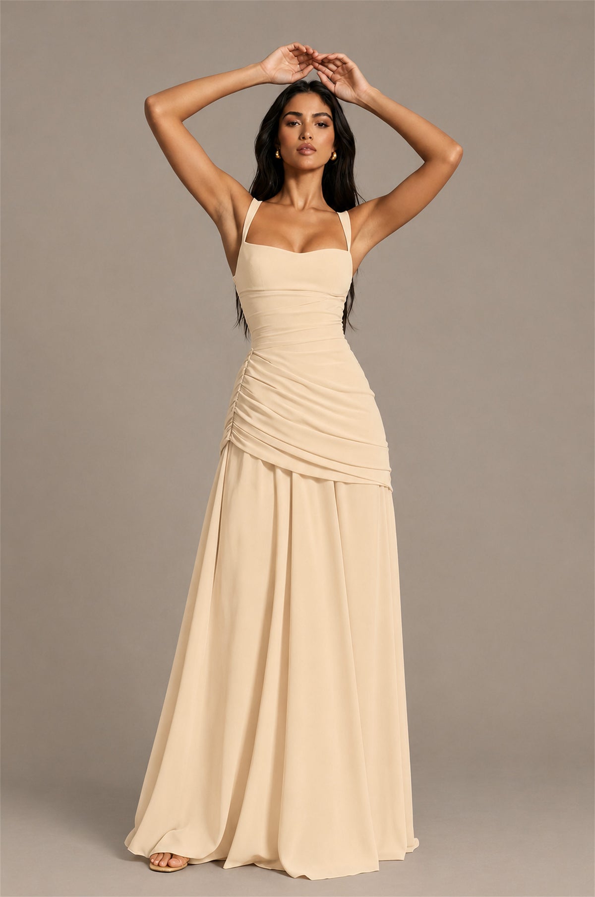 BOLODOO Square Neck Ruched A-Line Maxi Dress - Champagne Backless Evening Gown - Champagne