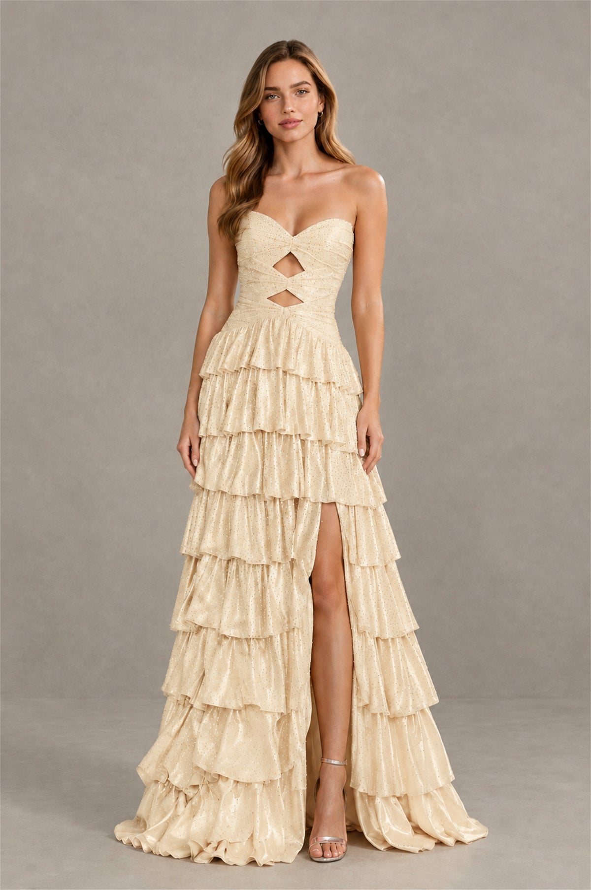 BOLODOO Champagne Strapless Cutout Tiered Ruffle Prom Dress with High Slit - Champagne - Champagne (4)