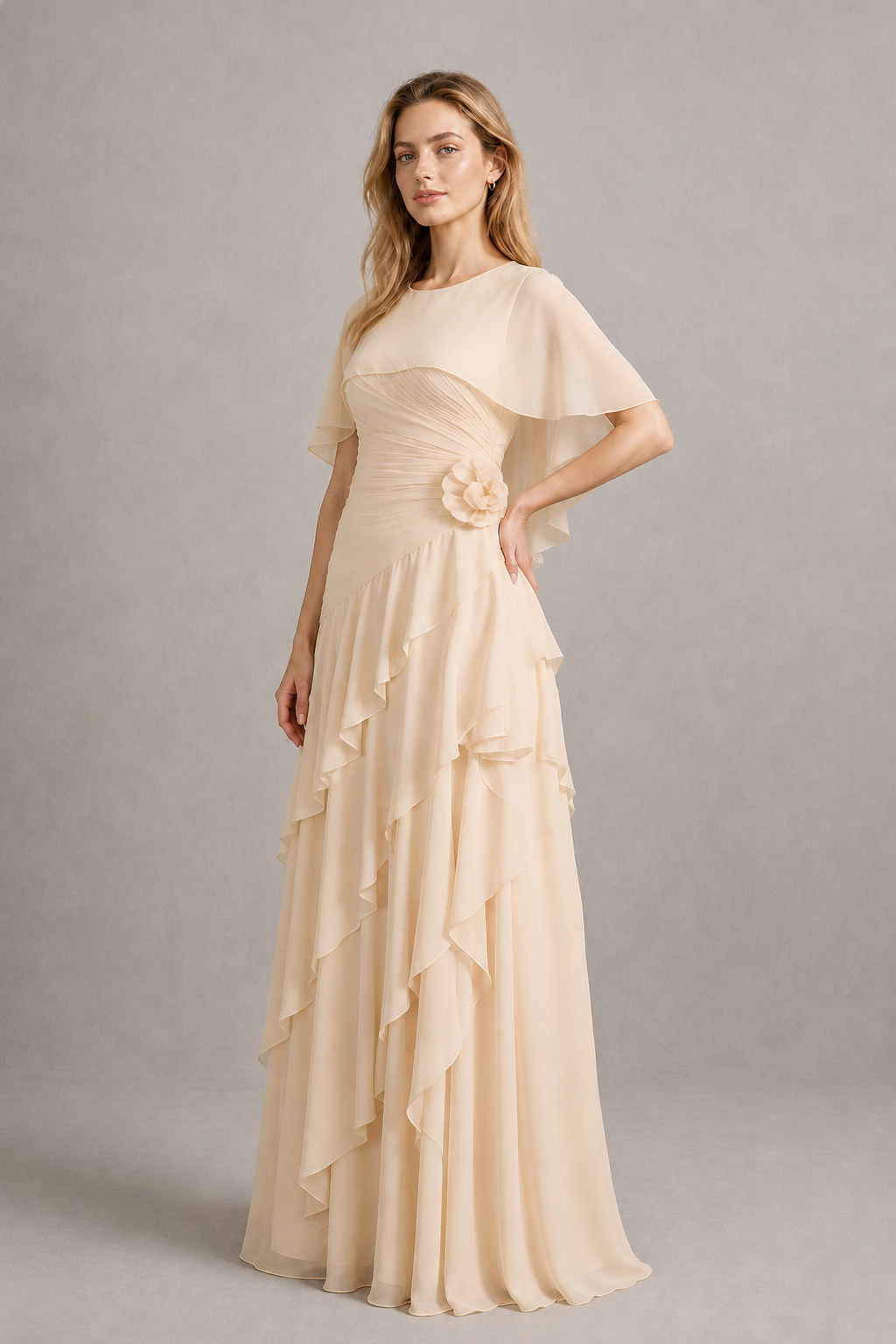 BOLODOO Champagne Chiffon Flutter Sleeve Tiered Maxi Dress with 3D Rosette - Champagne