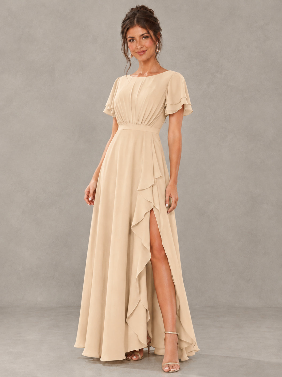 BOLODOO Champagne Flutter Sleeve Ruffle Bridesmaid Dress with Slit - Champagne - Champagne (4)