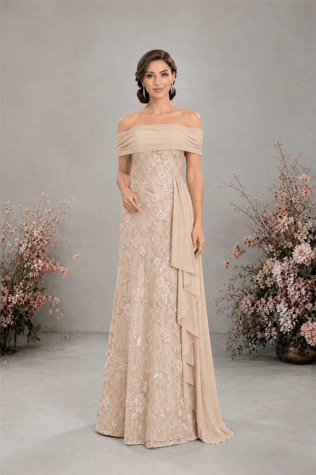 BOLODOO Champagne Floral Embroidered Off-Shoulder A-Line Floor Length Gown | Mother of the Bride & Evening - Champagne - Champagne (4)