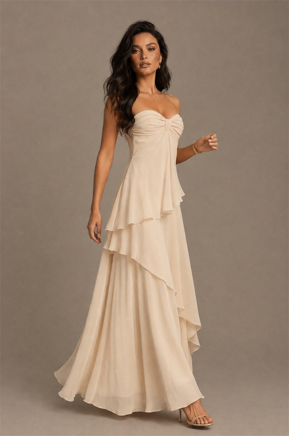 BOLODOO Champagne Strapless Sweetheart Knotted Chiffon Tiered Maxi Dress with Lace-Up Back - Champagne