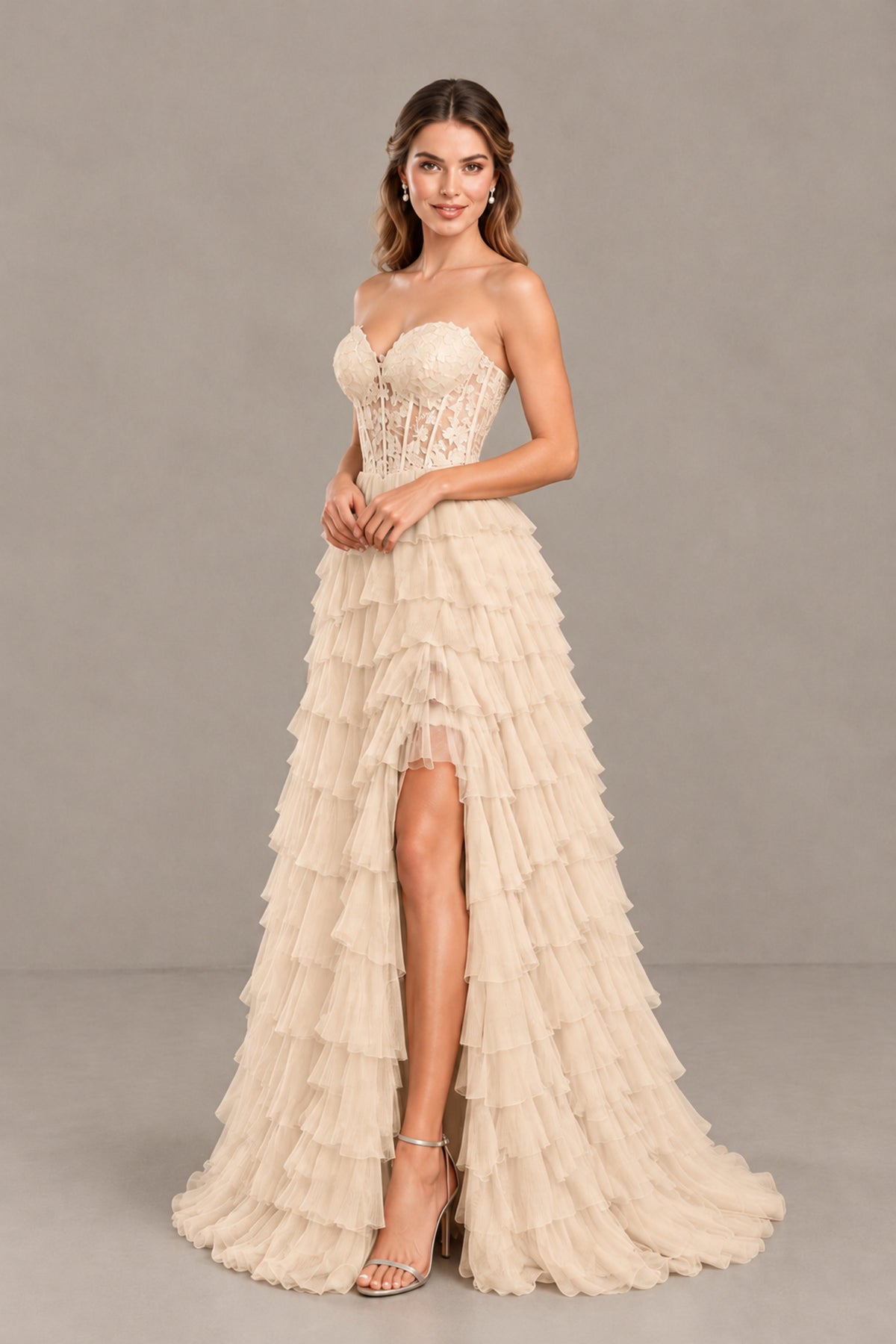 BOLODOO Champagne Strapless Lace Corset Tiered Ruffle Prom Dress with Slit - Champagne - Champagne (4)