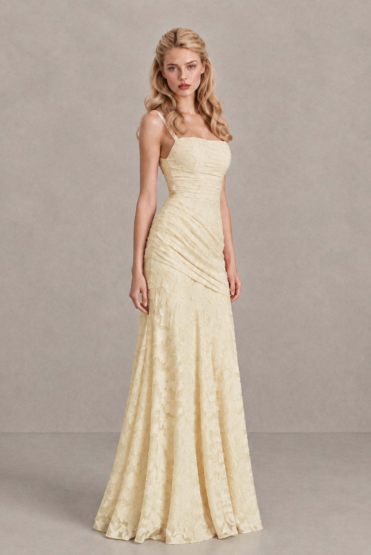 BOLODOO Champagne Ruched Floral Maxi Dress with Lace-Up Back - Champagne