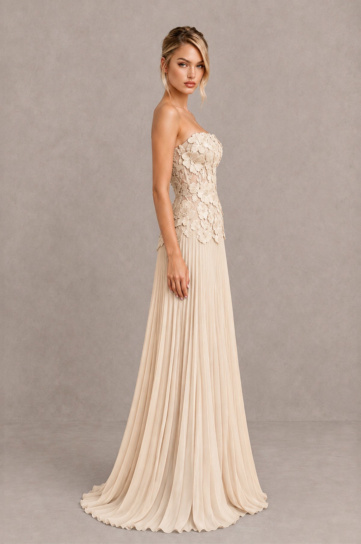 BOLODOO Champagne Strapless Floral Applique Pleated Evening Dress - Champagne - Champagne (4)