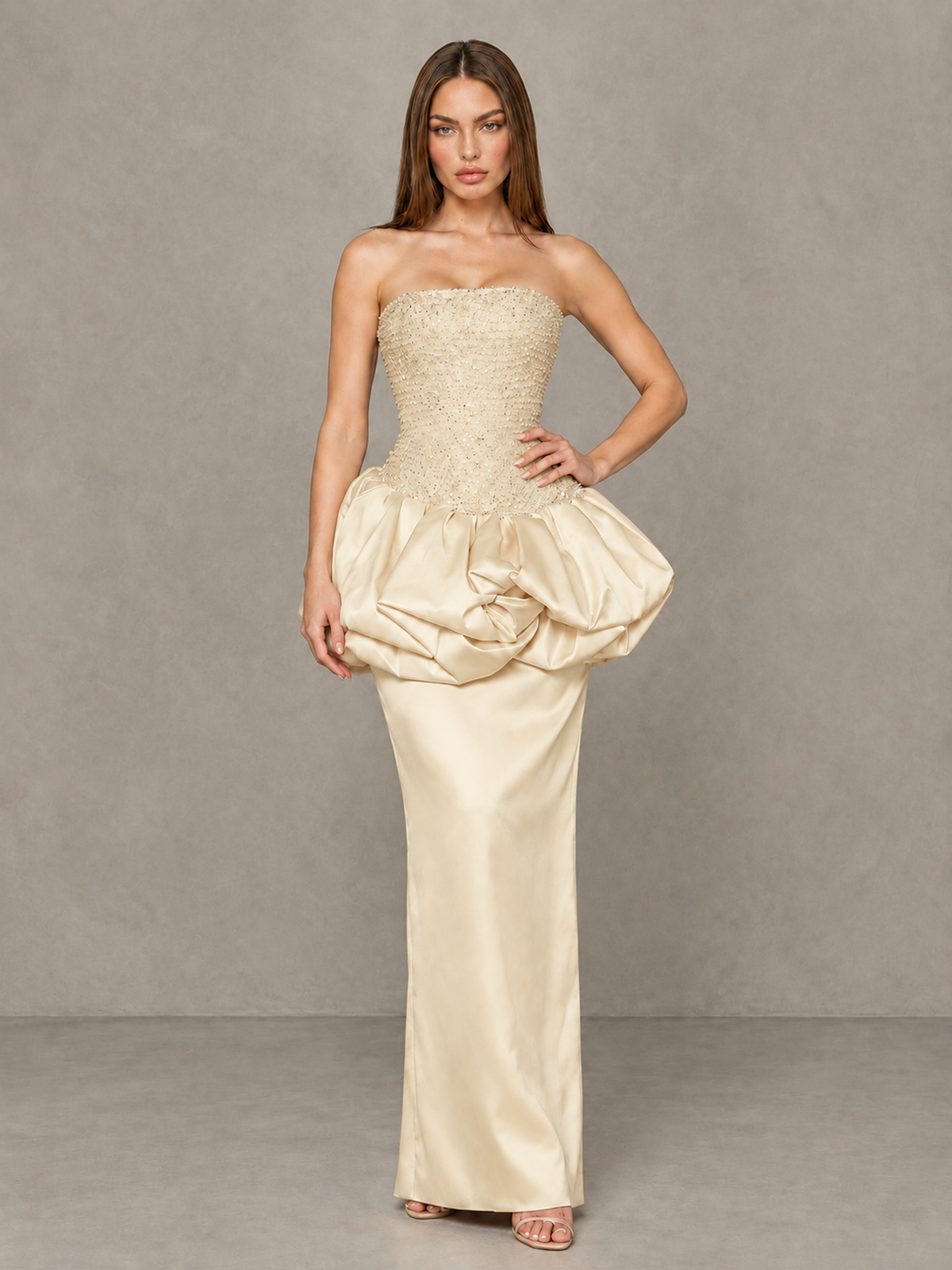 BOLODOO Champagne Strapless Embellished Bubble Peplum Evening Dress - Champagne - Champagne (4)