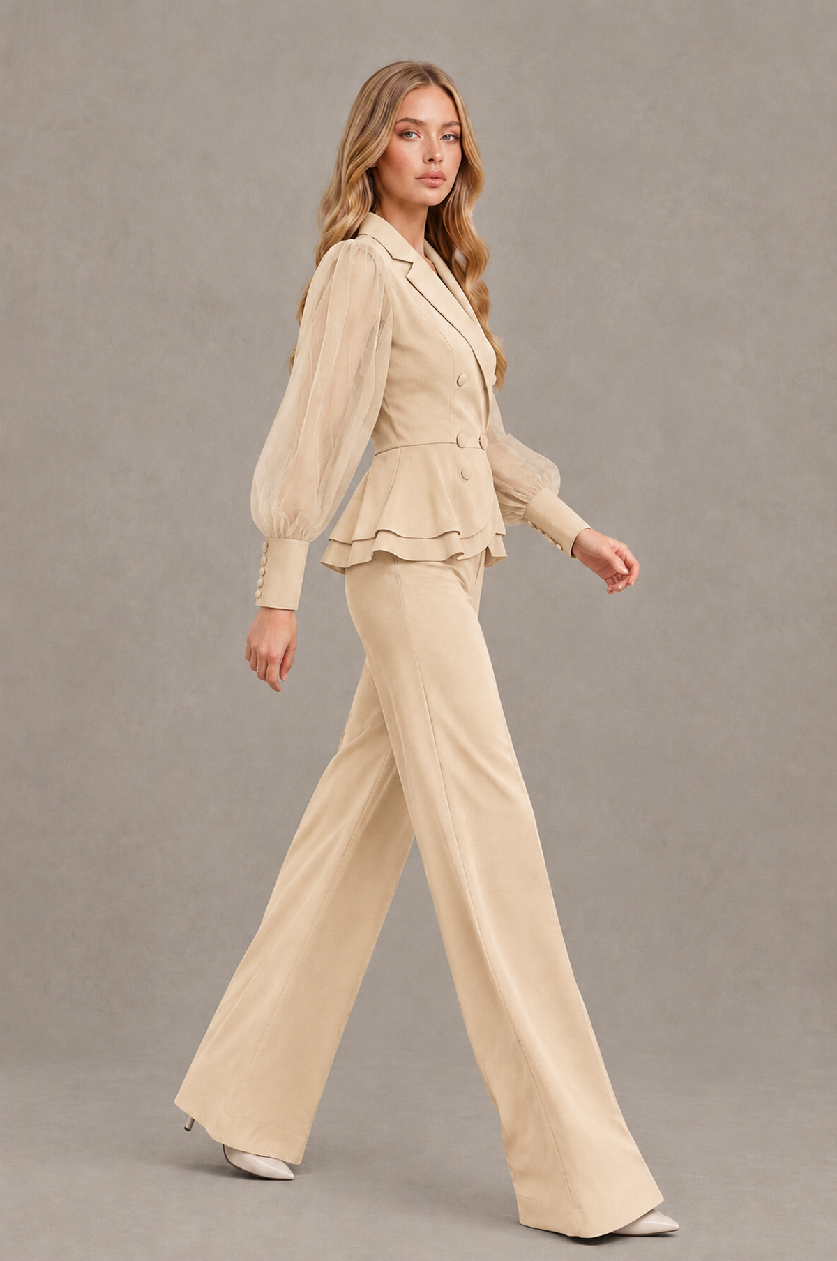 BOLODOO Mint Champagne Peplum Blazer Wide-Leg Pantsuit with Sheer Puff Sleeves - Champagne