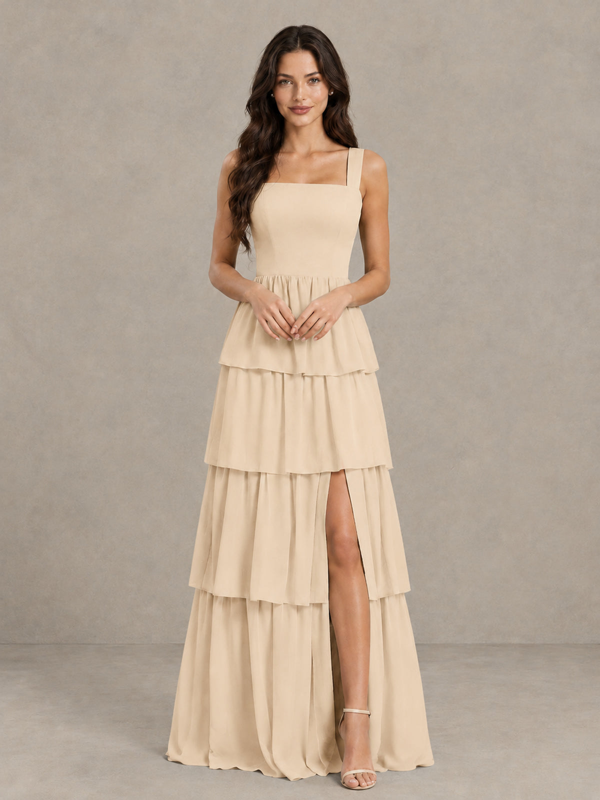 BOLODOO Champagne Square Neck Tiered Bridesmaid Dress with Slit - Champagne - Champagne (4)