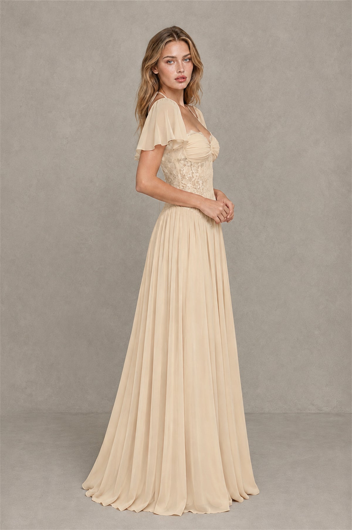 BOLODOO Champagne Flutter Sleeve Lace Corset A-Line Maxi Dress - Champagne - Champagne (4)