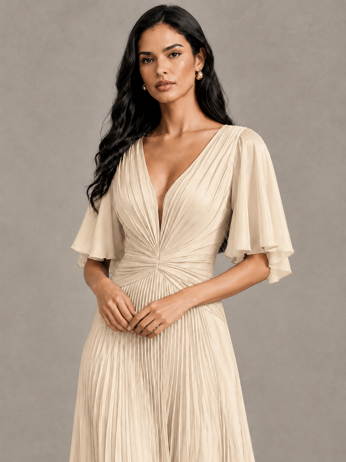 BOLODOO Champagne Pleated V-Neck Flutter Sleeve Bridesmaid Dress - Champagne - Champagne (4)