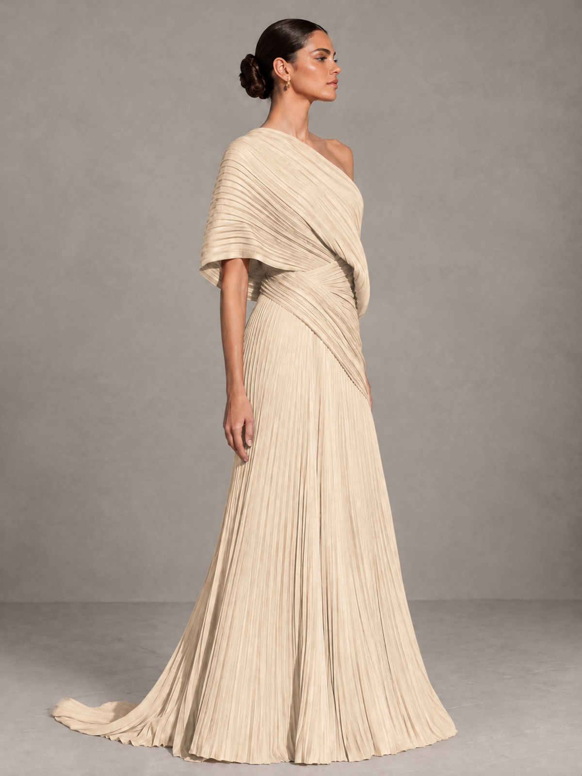 BOLODOO Champagne One-Shoulder Pleated Cape Evening Gown with Train - Champagne - Champagne (4)