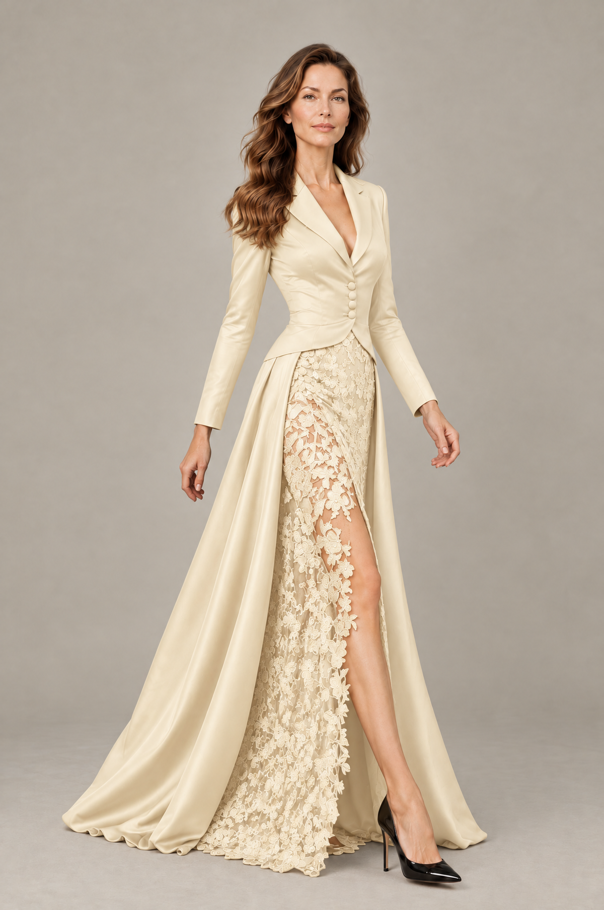 BOLODOO Champagne Long Sleeve Lace Blazer Gown with High Slit - Champagne - Champagne (4)