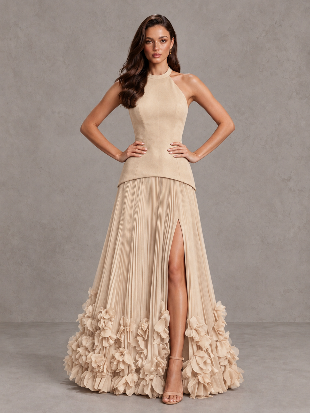 BOLODOO Champagne Halter Neck Floor-Length Evening Gown with High Slit & 3D Floral Hem - Champagne - Champagne (4)