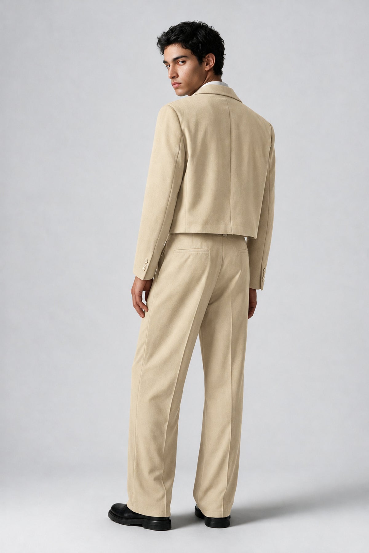 Bolodoo Men's Champagne Cropped Blazer & Wide-Leg Trousers 2-Piece Suit - Champagne - Champagne (4)