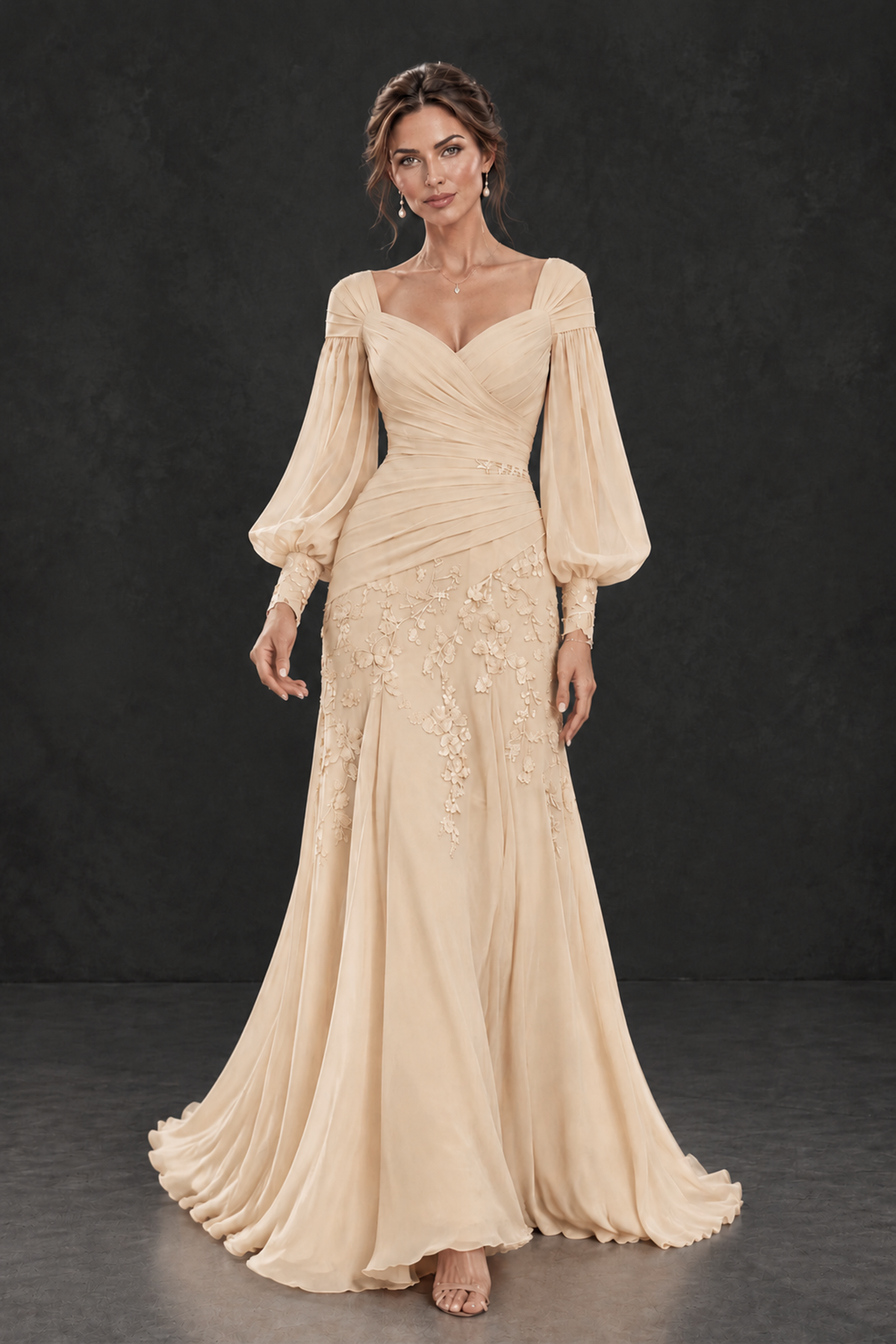 BOLODOO Champagne Long Sleeve Mother of the Bride Dress with Floral Appliqués - Champagne - Champagne (4)