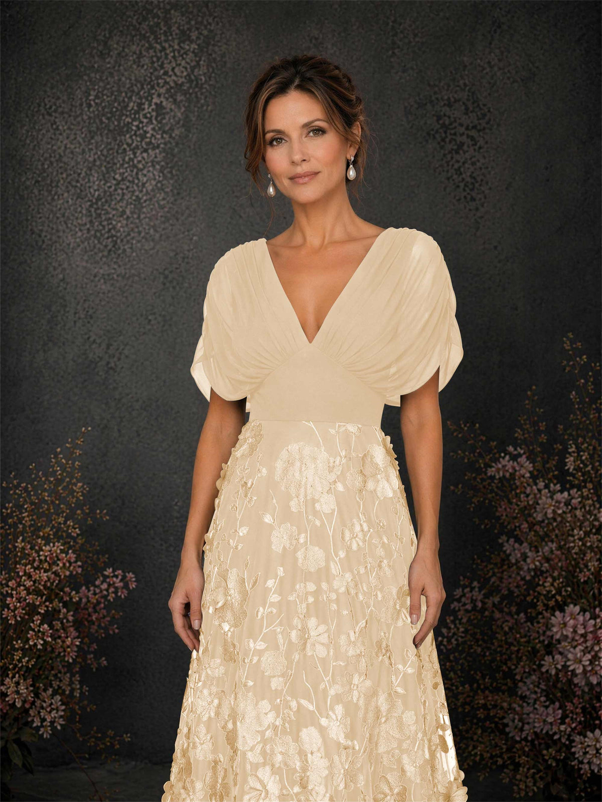 BOLODOO Champagne & Champagne Chiffon V-Neck Flutter Sleeve Floral Embroidered A-Line Gown BD0414 - Champagne