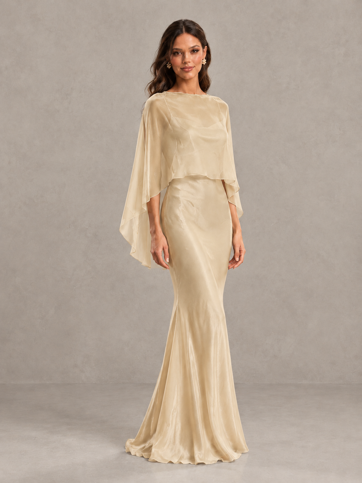 BOLODOO Champagne Satin Mermaid Bridesmaid Dress with Chiffon Cape - Champagne - Champagne (4)