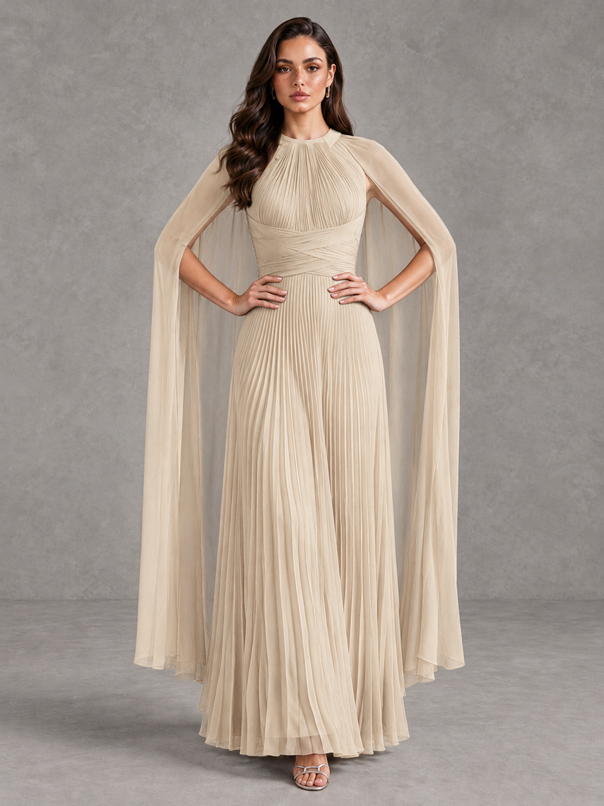 BOLODOO Champagne Pleated Cape Maxi Wedding Guest Dress - Champagne - Champagne (4)
