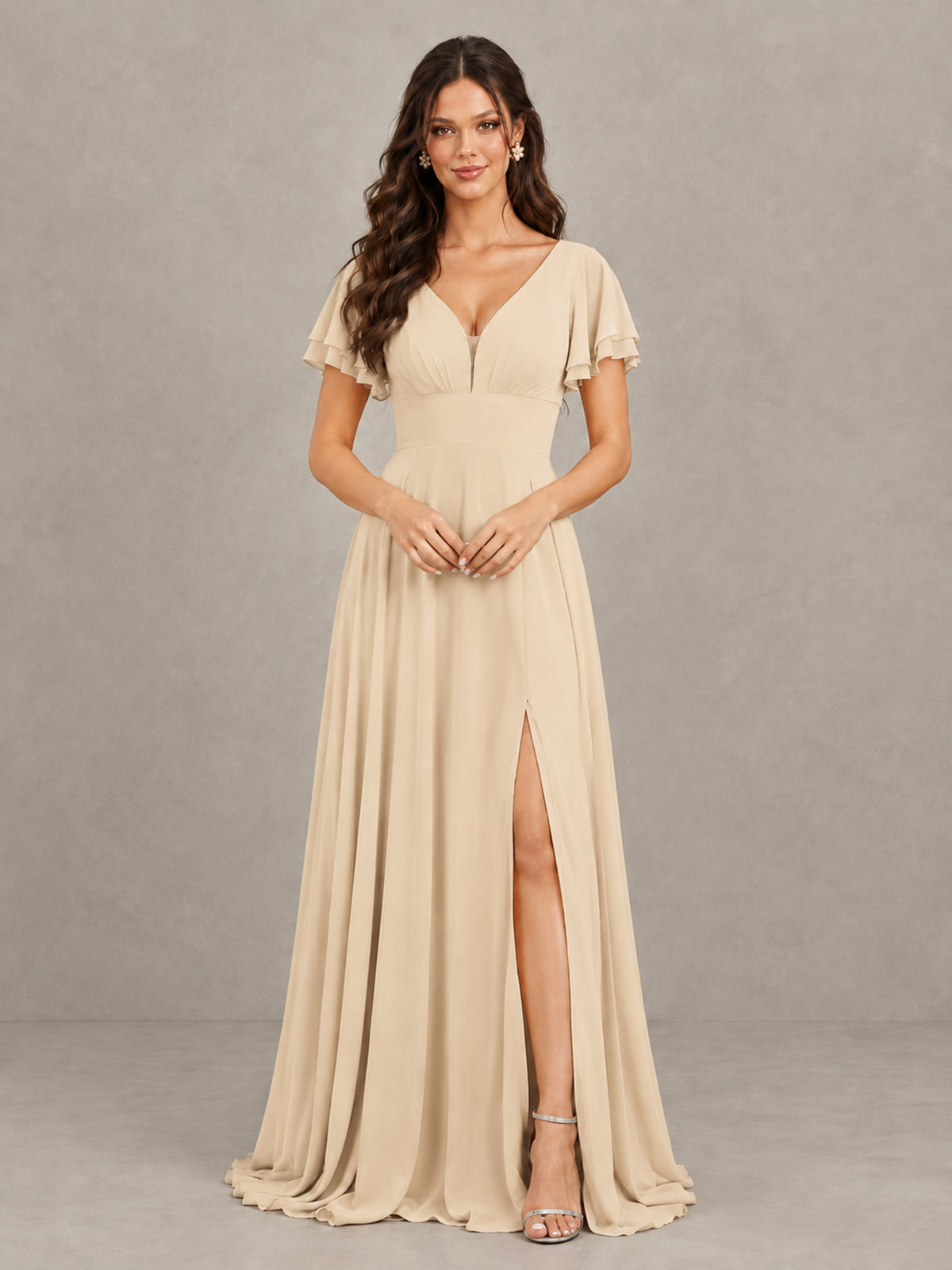 BOLODOO Champagne Flutter Sleeve Chiffon A-Line Maxi Bridesmaid Dress with Open Back & Slit - Champagne - Champagne (4)