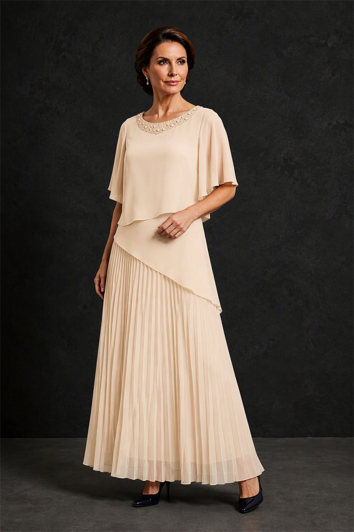 BOLODOO Champagne Pearl Beaded Neck Asymmetric Tiered Flutter Sleeve Pleated Chiffon Maxi Dress - Champagne