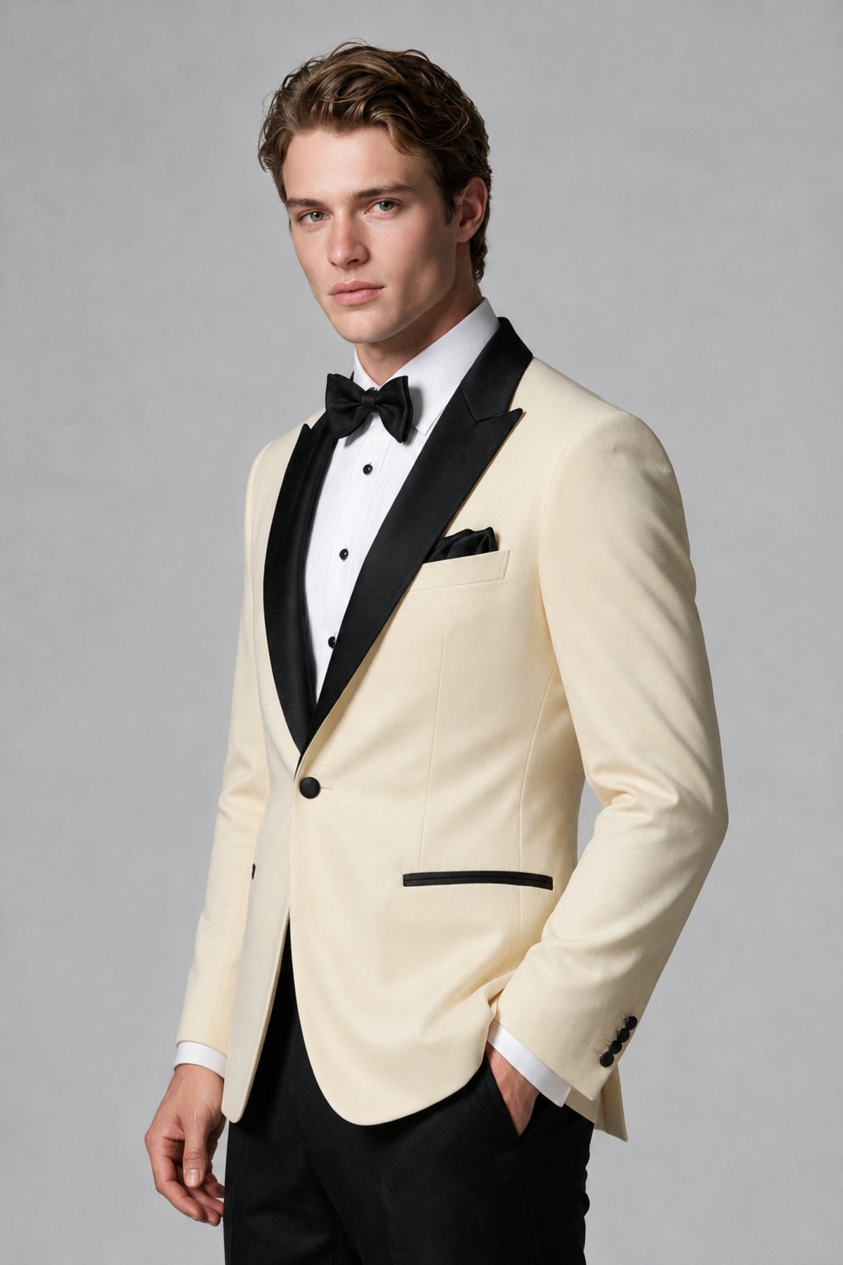 BOLODOO Men's Champagne Single-Button Tuxedo Blazer & Black Trousers 2-Piece Suit Set - Champagne - Champagne (4)