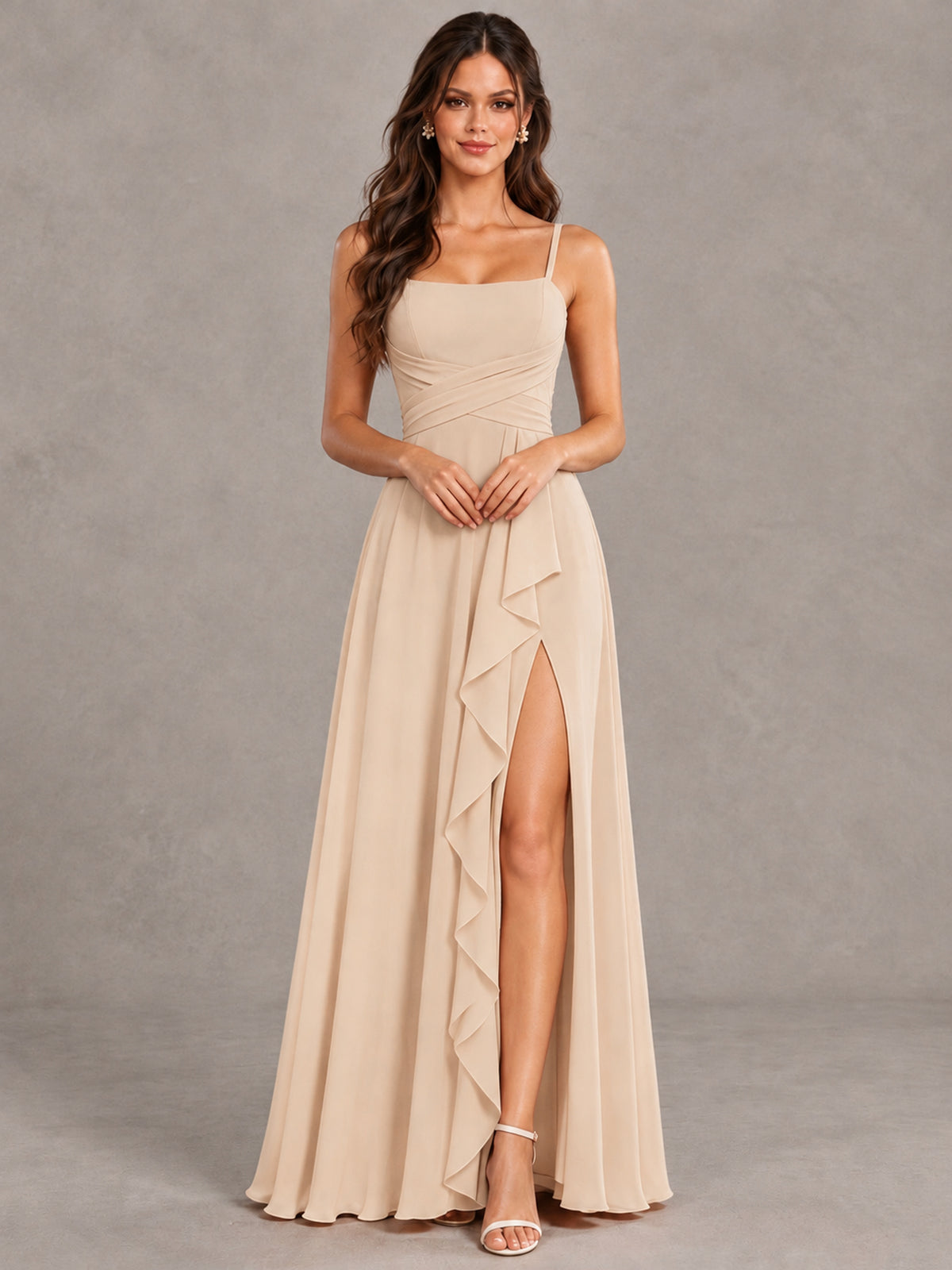 BOLODOO Champagne Spaghetti Strap Ruffle Bridesmaid Dress with Slit - Champagne - Champagne (4)