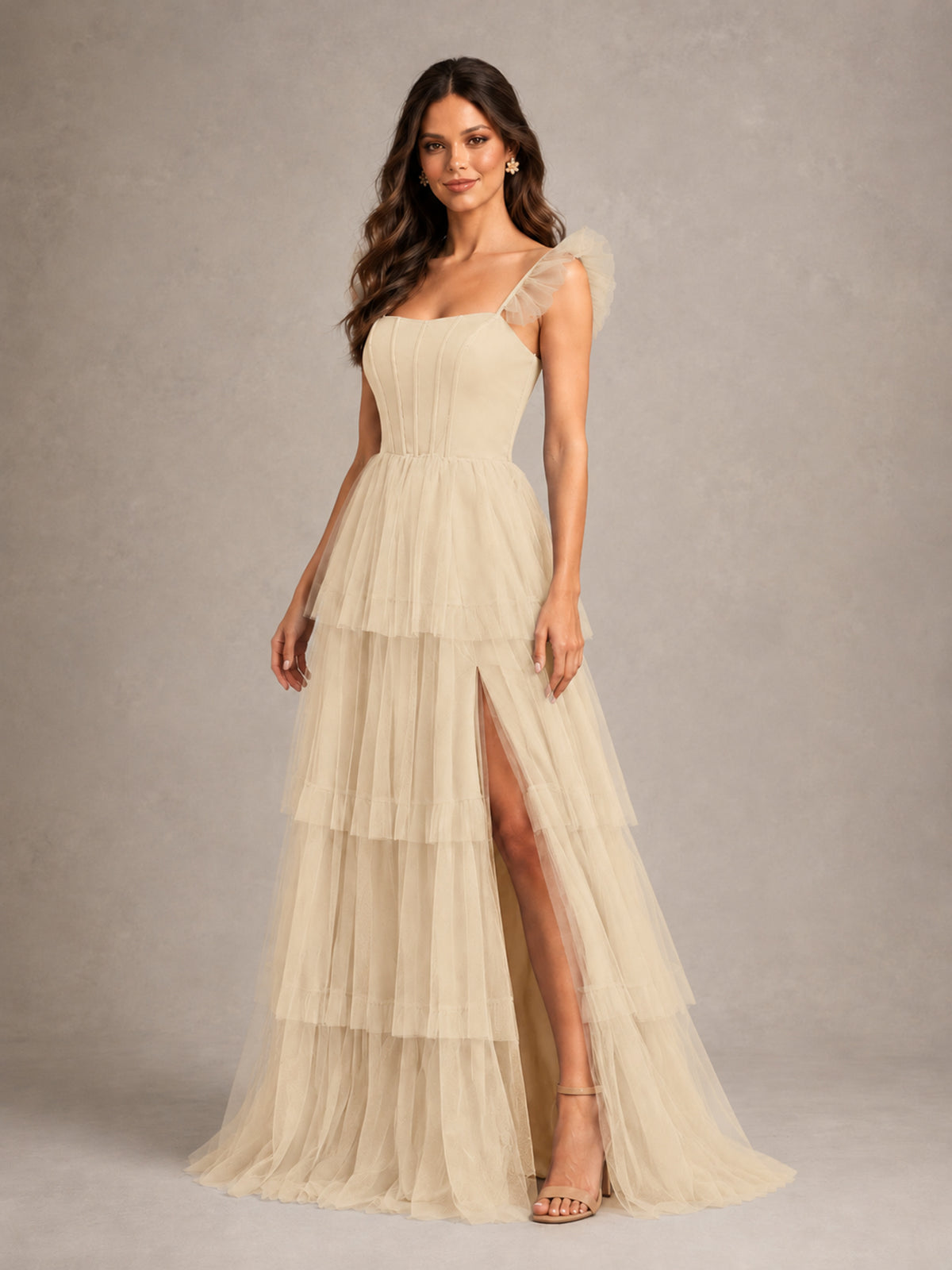 BOLODOO Champagne Tiered Tulle Bridesmaid Dress with Slit - Champagne - Champagne (4)